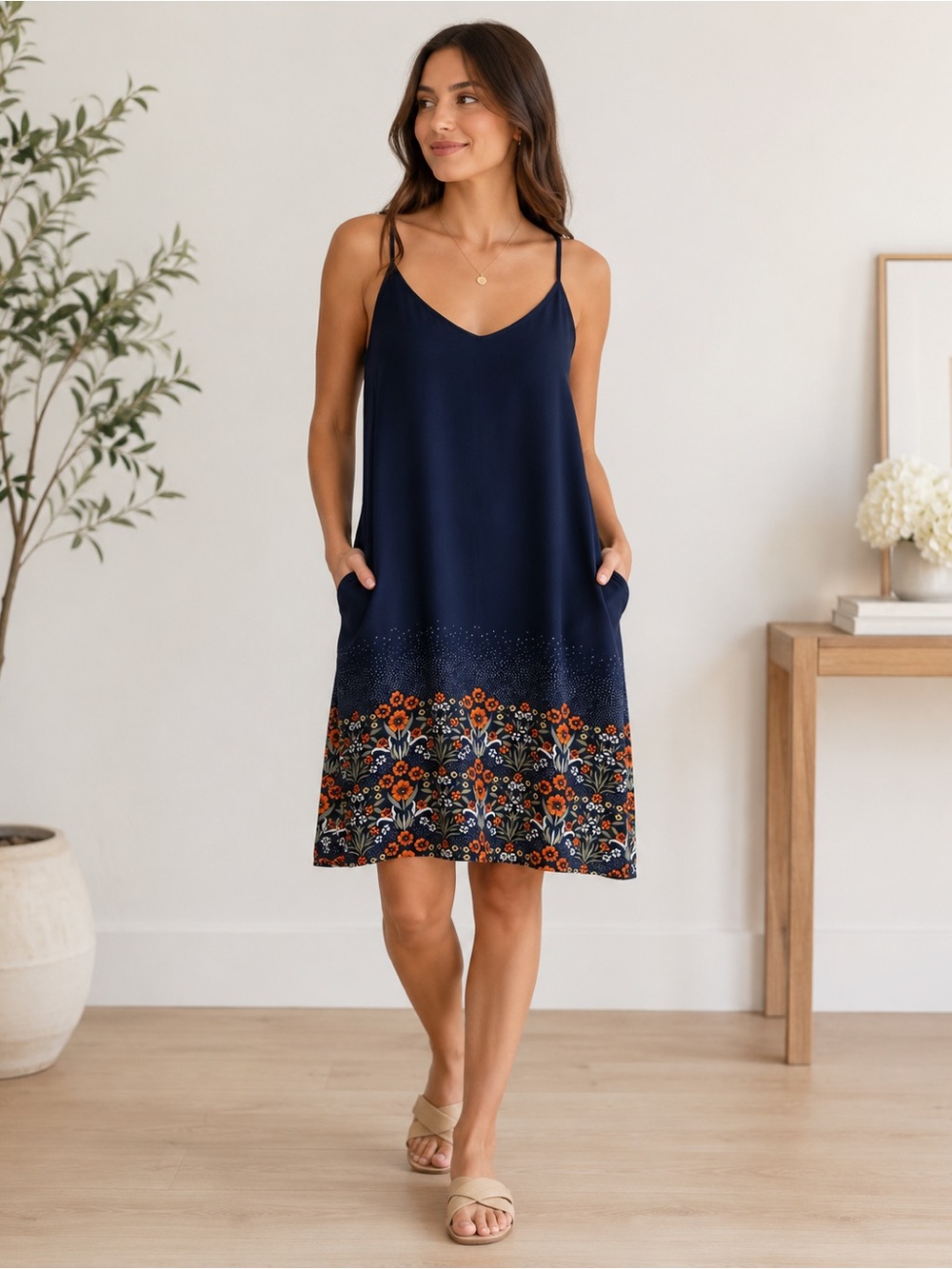 Sm Wardrobe Navy Blue Orange Green Floral Spaghetti Adjustable Strap Dress Small